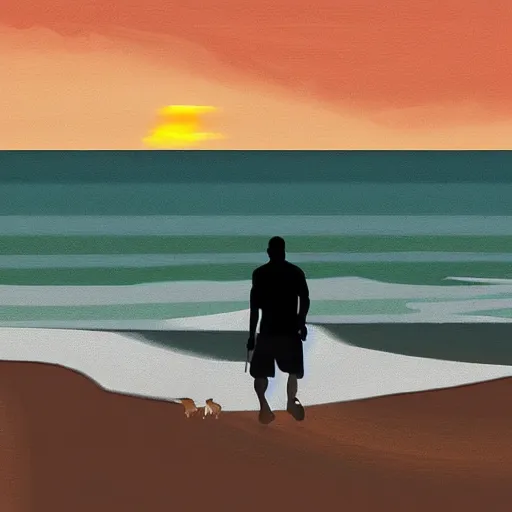 Prompt: man walking his dog at the beach at sunset, digital painting