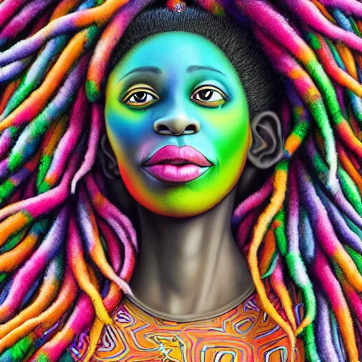 Prompt: a wide angle shot of a happy black girl with colorful dreadlocks in a field of candy, by Adi granov and afarin sajedi and amanda sage and evgeni gordiets and Agostino Arrivabene and adonna khare in a psychedelic portrait style, ultrarealistic matte painting, volumetric lighting, fractal, extremely symmetrical, highly detailed face, orisha, 8k, hd