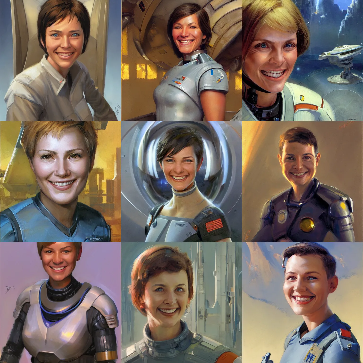 Prompt: futuristic starship engineer with short hair, female, optimistic smile, candid, sci fi character portrait by Donato Giancola, Craig Mullins