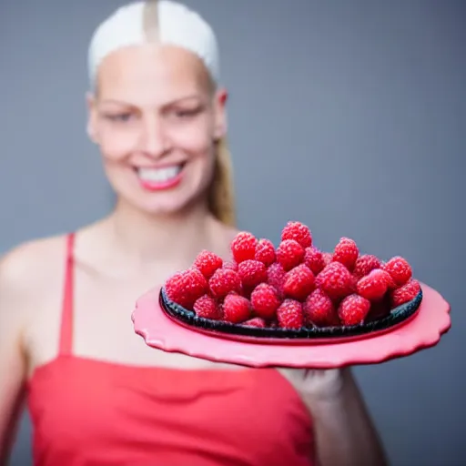 Image similar to A woman holding raspberry pie, red background