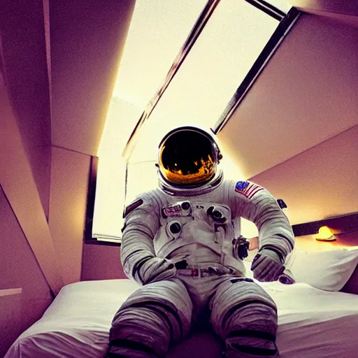 Image similar to astronaut sitting in a cheap hotel room, digital art, epic composition, highly detailed, cinematic lighting