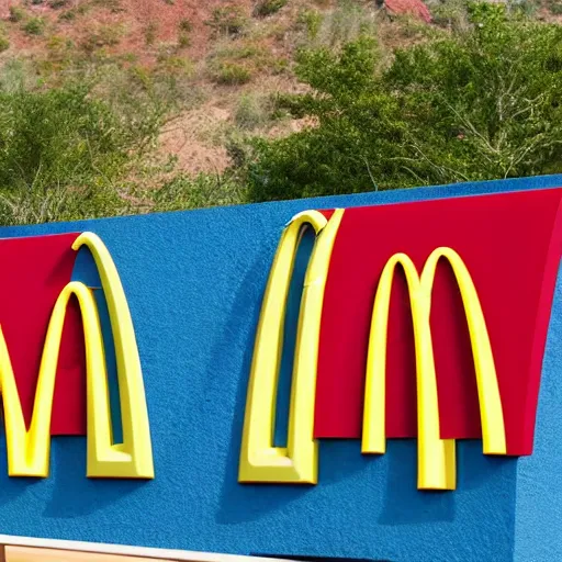 Prompt: mcdonalds made of blue and red sand