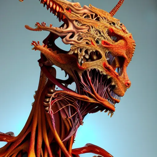 Prompt: a color high quality photo of a young beautiful female queen-dragon-cyborg bust with a very long neck and Mandelbrot fractal face, Mandelbrot fractal skin, flesh, anatomical, facial muscles, veins, arteries, elegant, highly detailed, flesh highly baroque ornate, hair are wired cables, elegant, high fashion, rim light, octane render, in the style of H.R. Giger and Flora Borsi, Realistic, Refined, Highly Detailed, Cinematic Lighting, rim light, photo-realistic, 8K