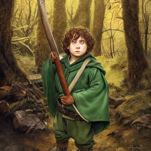 Prompt: a young hobbit ranger wearing a dark green hood and a cloak in the forest, wearing adventure gear, holding a sword, realistic, detailed, masterpiece, short brown hair, clean shaven, by John Howe and Alan Lee, trending on ArtStation