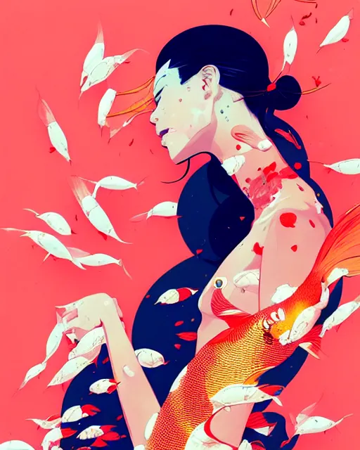 Image similar to a ultradetailed beautiful panting of a stylish woman surrounded by floating koi fish, by conrad roset, greg rutkowski and makoto shinkai, trending on artstation