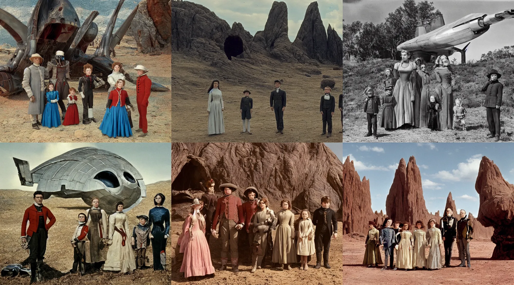 Prompt: sharp, 35mm still from a sci fi blockbuster color movie made in 2022, set in 1860, of a family standing in front of a spaceship that has just landed on an alien landscape, a humanoid alien creature stands nearby, the family are all wearing 1850s era clothes, 4k, in focus, extremely good quality lighting, good quality photography, A list cast, famous actors, famous actresses, oscar winner