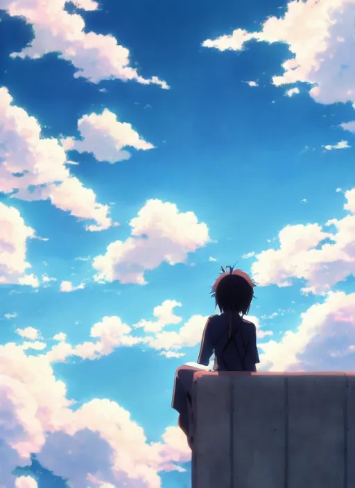 Image similar to daydreaming student, blue sky, daydreams appearing in the clouds, by makoto shinkai