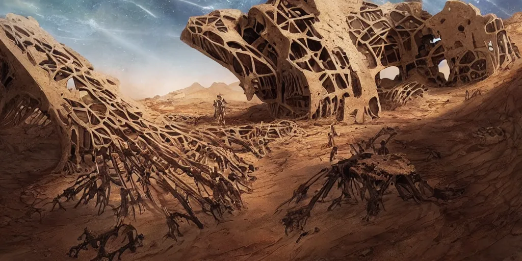 Image similar to supernova, neo brutalism space station ruins in the mars desert, giant whale skeleton, people wandering, sunlit, painted by steve mccurry, ruan jia, raymond swanland, lawrence alma tadema, zdzislaw beksinski, norman rockwell, jack kirby, tom lovell, alex malveda, greg staples