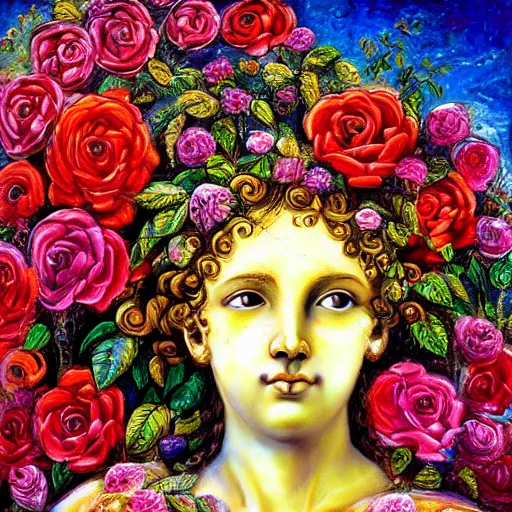 Image similar to portrait of a greek statue covered in roses, by josephine wall