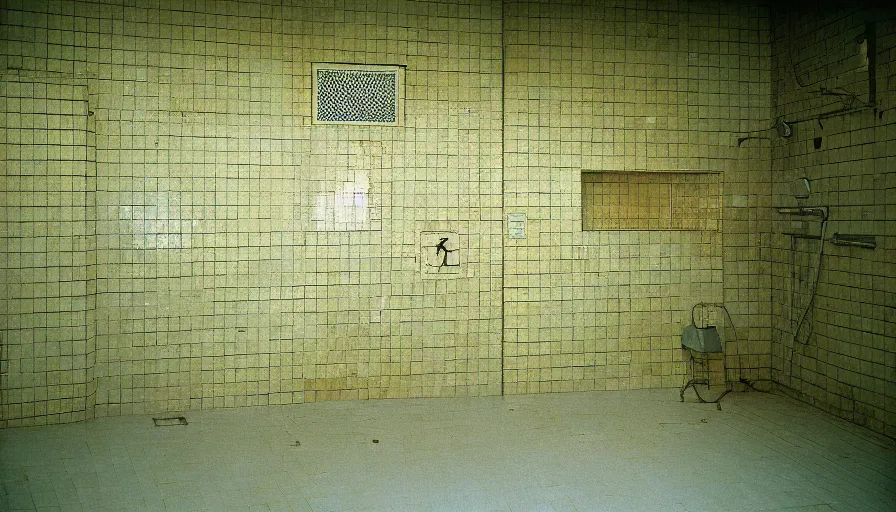 Image similar to 60s movie still of a sovietic stalinist style empty clean prison shower with yellow tiles and tryophobia, cinestill 800t 50mm eastmancolor, liminal Space style, heavy grain