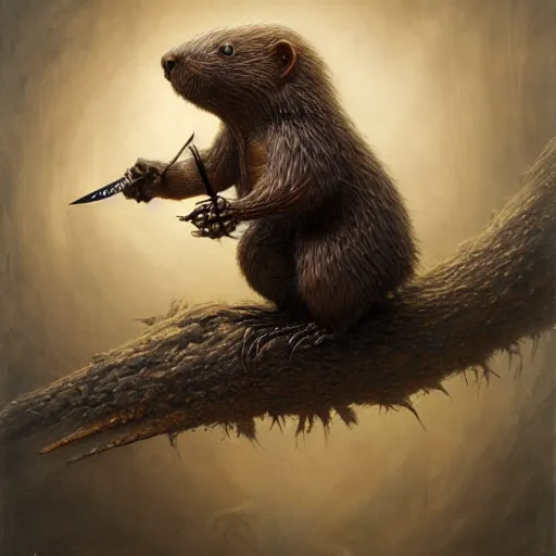 Prompt: a beautiful detailed 3d matte portrait of a ninja beaver, by ellen jewett, by tomasz alen kopera, by Justin Gerard, ninja outfit, visible beaver tail, shiny katana sword, dollar bills, ominous, magical realism, texture, intricate, skeleton, whirling smoke, radiant colors, fantasy, volumetric lighting, high details