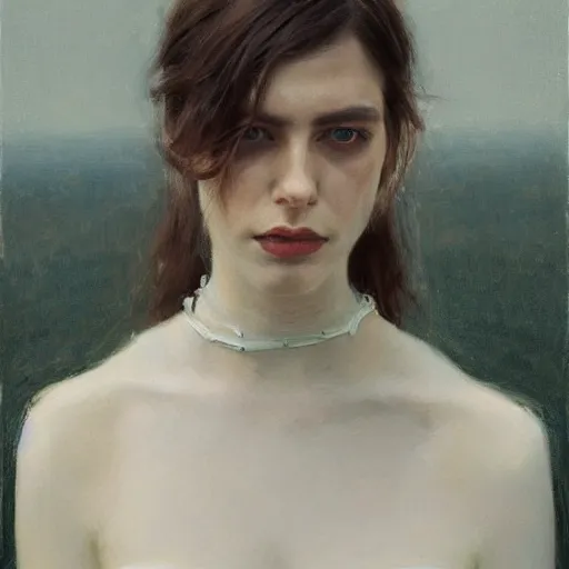 Prompt: mika schneider, white dress, downward gaze, choker necklace, by nick alm, jeremy lipking