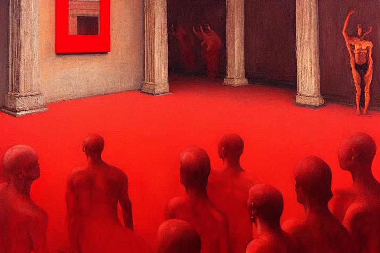 Image similar to only with red, crowd screaming, an exposed painting in a roman theater, in the style of beksinski, parts by edward hopper, parts by rodcenko, parts by yue minjun, intricate and epic composition, red by caravaggio, insanely quality, highly detailed, masterpiece, red light, artstation, 4 k