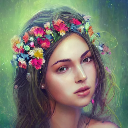 Image similar to a photorealistic portrait of a beautiful woman with flowers in her hair, artstation, outdoors