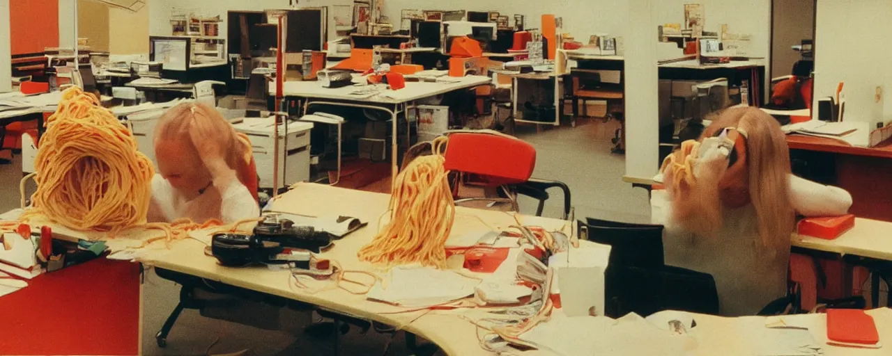 Image similar to security cam footage of someone with their head on spaghetti at their desk, at work, kodachrome, in the style of wes anderson, retro!! no repeats!!