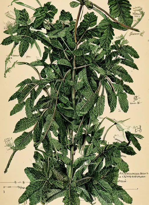 Image similar to fantasy scientific botanical illustration of a large bushy plant that walks around with human legs