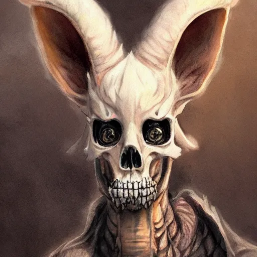 Image similar to Diabolical Fuzzy Paws Fluffy Ears gerald brom greg rutkowski raymond swanland Christophe Young Cristi Balanescu artstation ancient dracolich flying wraith dragon, wearing bone crown lich skeleton crypt watercolor face head eyes teeth snout collar ASPCA adoption center tombow