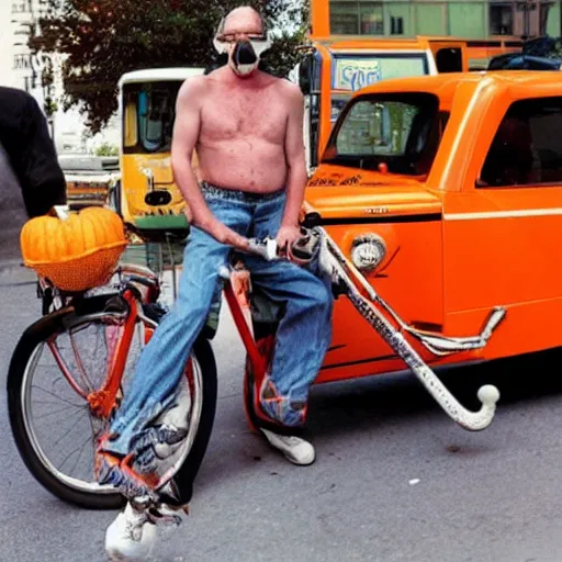 Image similar to hugh hopper with a handlebar moustache holding a great big orange and a diet pepsi sitting on a street corner