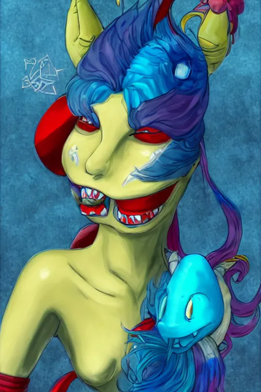 Prompt: Portrait of a piscine, anthropomorphic monster. She has blue scales and a long red ponytail. She has red and blue fins on the sides of her head, and a pair of sharp, yellow, protruding teeth. She wears a red eye shadow and has an eyepatch on her left eye. She also wears a black tank top and jeans, but debuts in armor varying in light and dark shades of gray. Her eyes have black vertical pupils and yellow sclera. She has no nose. Digital art, sharp focus, natural lighting, artstation