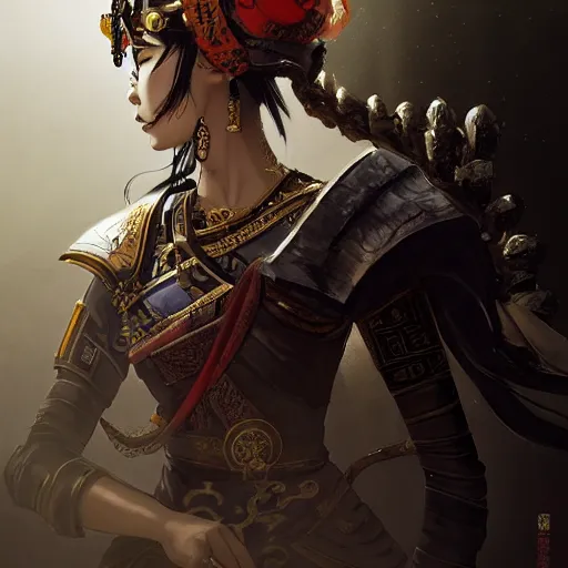 Prompt: ancient chinese princess with steampunk mask, dynasty warriors, elegant, unreal engine, 8 k, headshot, highly detailed, smooth, museum ink painting, artstation, concept art, in style of yoji shinkawa, pan ren wei, col price, atey ghailan, by greg rutkowski, aesthetic