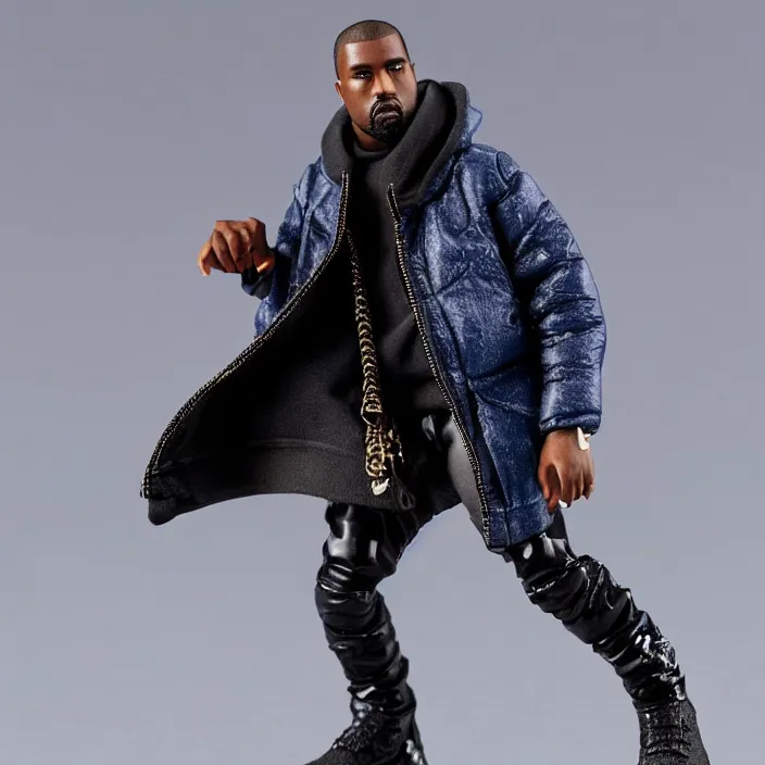 Image similar to a action figure of kanye west using a full face covering black mask, a small, tight, undersized reflective bright blue round puffer jacket made of nylon, dark jeans pants and big black balenciaga rubber boots, figurine, detailed product photo