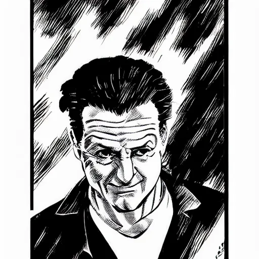 Image similar to Joe Pesci drawn in a black and white manga panel, art by Nobuyuki Fukumoto