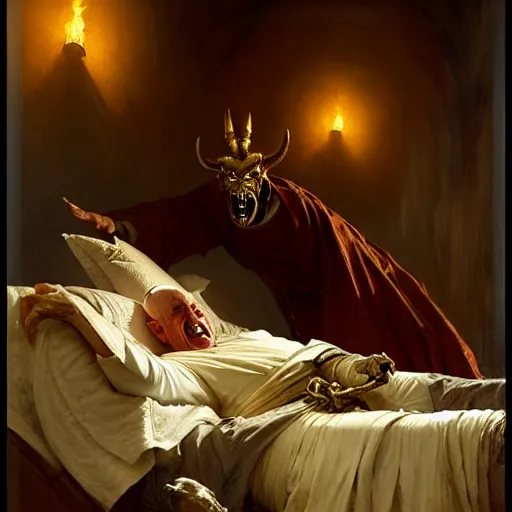 Prompt: the pope is in his bed, nervous and terrified, because a double horned shadow demon from hell is attacking him. highly detailed painting by gaston bussiere, j. c. leyendecker, greg rutkowski, craig mullins 8 k