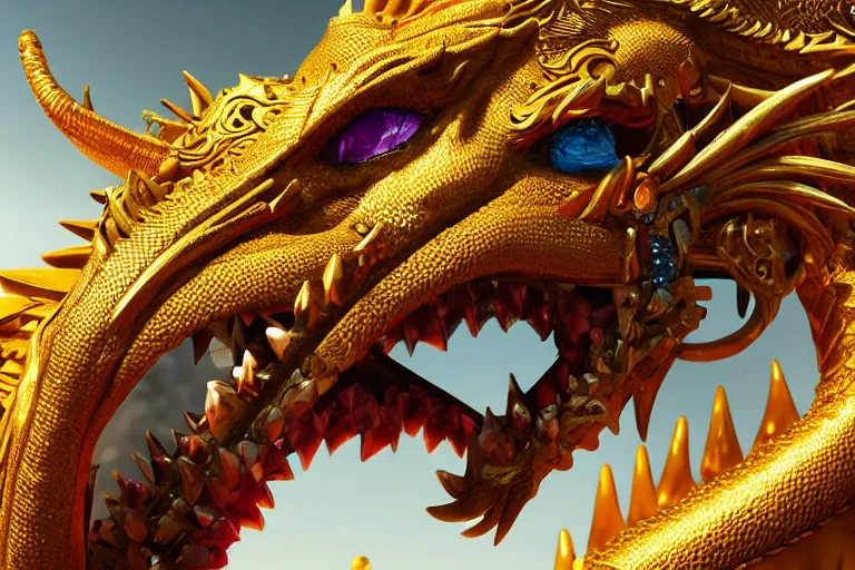 Image similar to cinematic closeup portrait of a golden dragon intricately decorated with colorful jewels, sandstorm, detailed textures, dramatic lighting, unreal engine, cgsociety, artstation, 4k