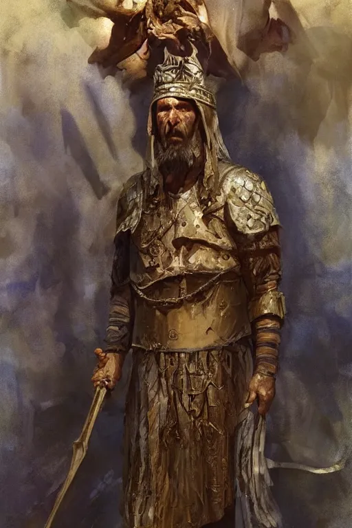 Image similar to a full body portrait of the ancient historical biblical evil pagan king ahab of Israel by craig mullins and marc simonetti, Ross Tran and WLOP, by Andrew Wyeth and Gerald Brom, In the style of John singer Sargent and James gurney, ARTSTATION, cgsociety, polycount, character design, CINEMATIC, AWE INSPIRING, BEAUTIFUL, ART GERM