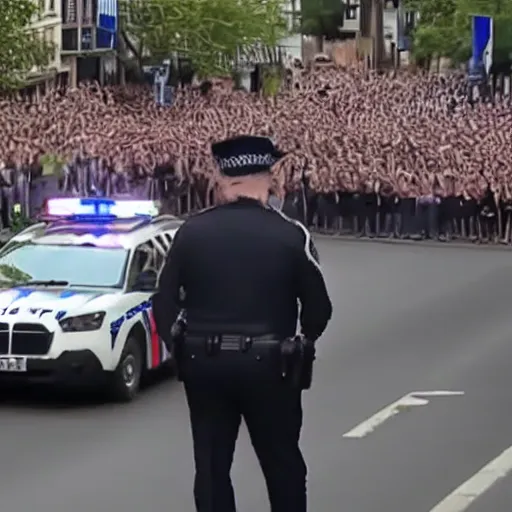 Image similar to giant english bulldog with police escort at parade, live footage, 4 k