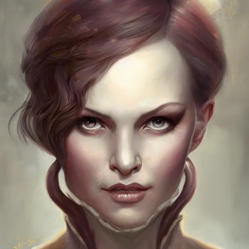 Image similar to a detailed matte head - on portrait painting of an middle - aged half - tiefling noblewoman with golden eyes and short well kept hair, by charlie bowater, lise deharme, wlop, tending on arstation, dungeons and dragon, dnd, pathfinder, fanart, oil on canvas