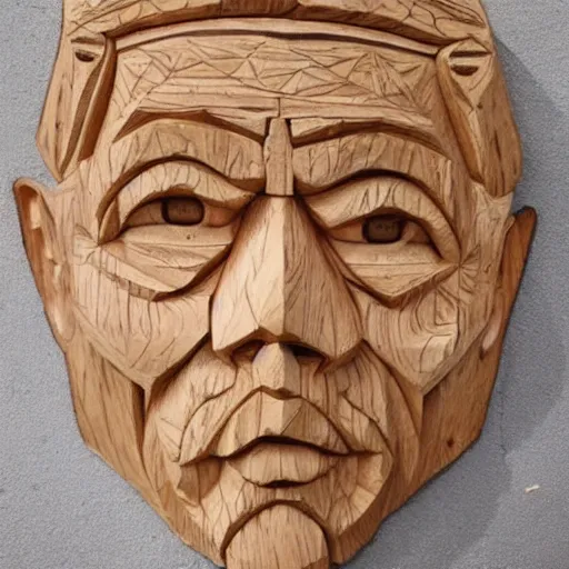 Prompt: an intricate face carved out of wood