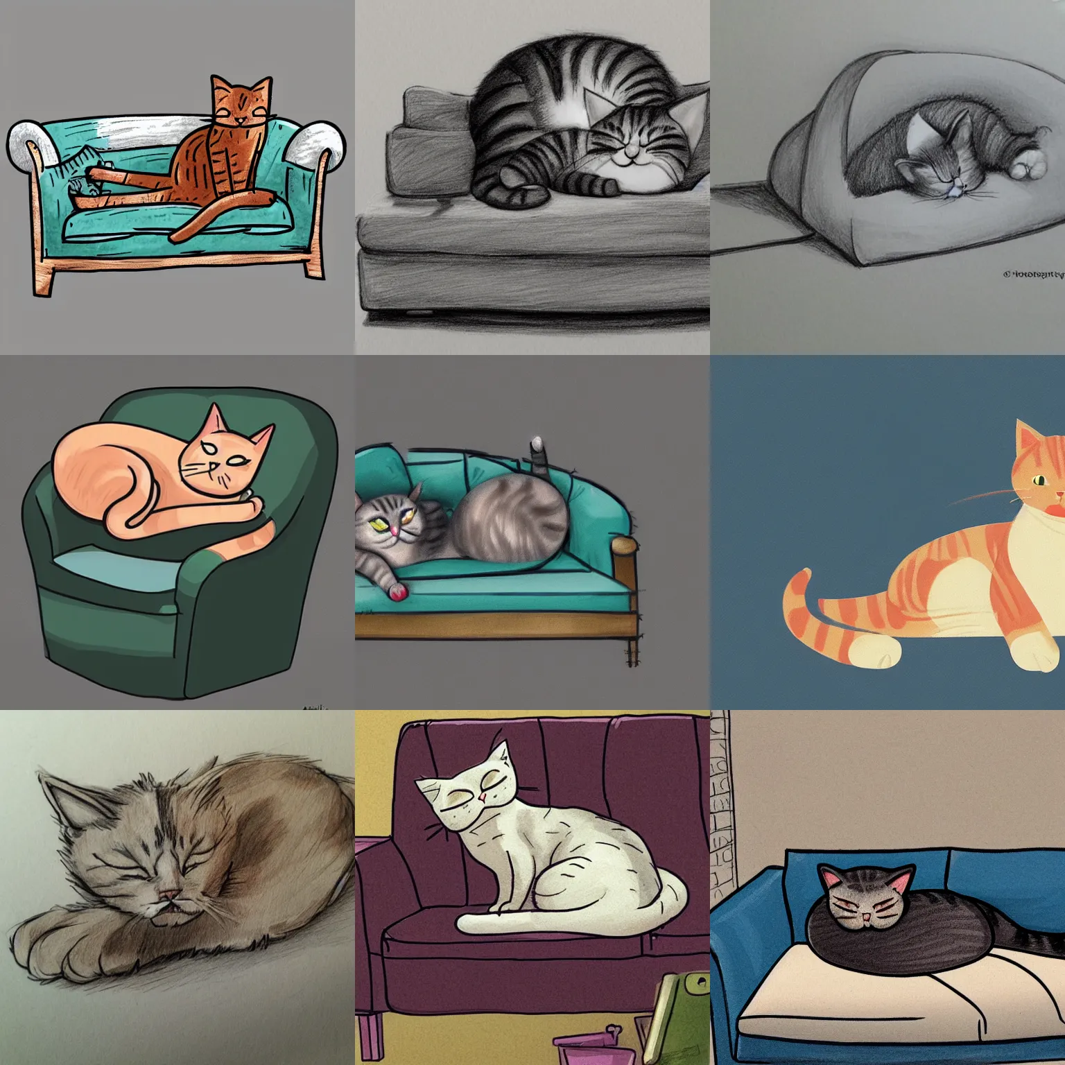 Prompt: cat sleeping on the sofa, sofa is on the roof, roof, cute drawing, trending on Artstation