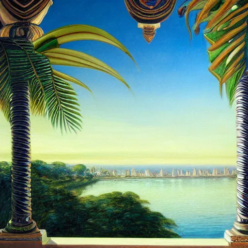 Image similar to a ultradetailed beautiful painting of the amazonas palace balustrade designed by edward robert hughes, tarsila do amaral, frank weston and gustave baumann, beach, trending on artstation, mediterranean, palm trees, detailed face, sharp focus, soft light, 8 k 4 k