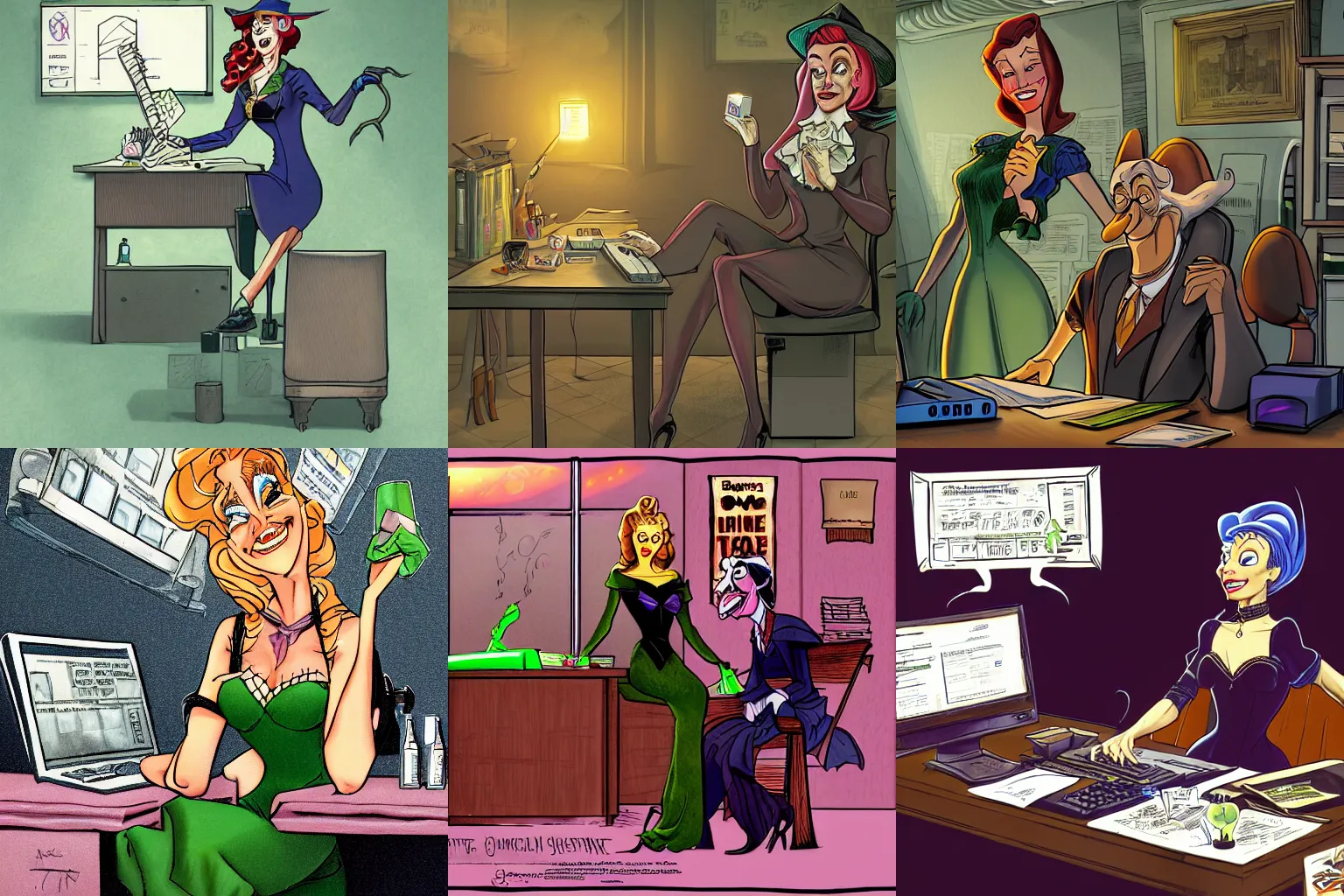 Prompt: the toxic witch of finance sitting in a dimly lit cubicle, evil smile on her face, excel running on the computer, general ledger printouts in the background, digital art, trending on artstation, by don bluth and alan davis and al feldsetein, highly detailed