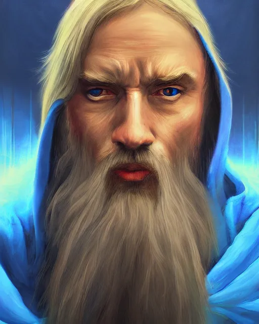 Image similar to Hyper realistic painting of a wizard in a blue robe, by Anato Finnstark, detailed, beautiful, trending on artstation