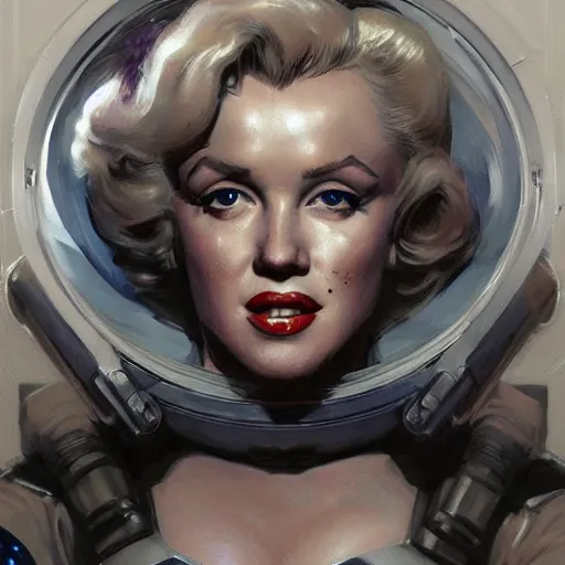 Prompt: Marilyn Monroe as a space soldier, closeup character art by Donato Giancola, Craig Mullins, digital art, trending on artstation