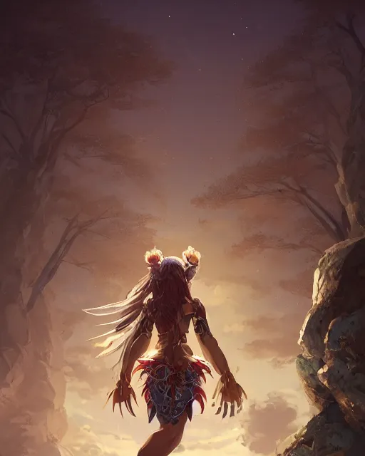 Prompt: an anthropomorphic owl warrior standing heroically on a rock. She is wearing tribal armor, she has the head of a owl, she has two owl wings on her back, she has feathers, she is a owl human hybrid. trees. atmospheric lighting, stunning, brave. By Makoto Shinkai, Stanley Artgerm Lau, WLOP, Rossdraws, James Jean, Andrei Riabovitchev, Marc Simonetti, krenz cushart, Sakimichan, D&D trending on ArtStation, digital art.