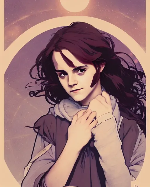 Image similar to Poster artwork, Emma Watson as Hermione Granger, medium shot, details, sharp focus, illustration, by Jordan Grimmer and Alphonse Mucha and greg rutkowski and PiNe(パイネ) and 薯子Imoko and 香川悠作 and maya takamura, intricate, beautiful, Trending artstation, pixiv, digital Art