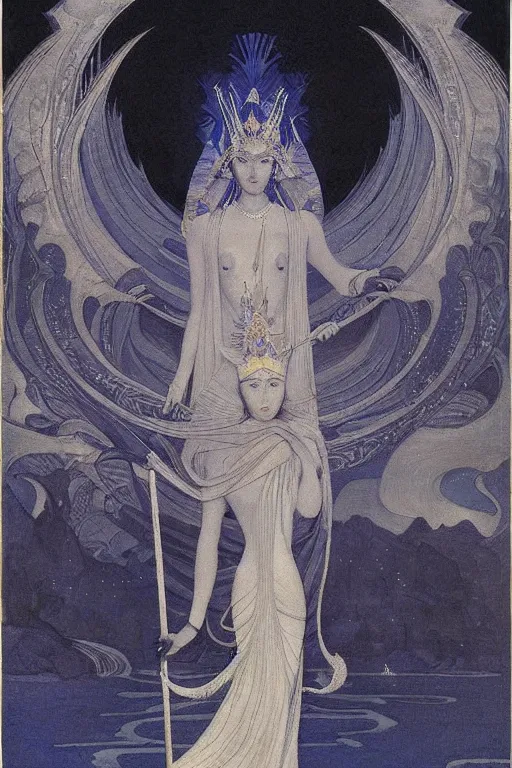 Image similar to lost queen of the night river with her scepter, by Nicholas Roerich and jean delville and Maxfield Parrish, dramatic cinematic lighting , ornate headdress , lost civilizations, extremely detailed