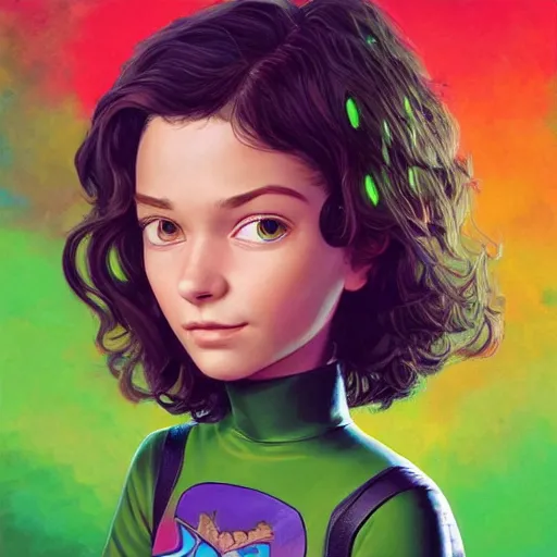 Prompt: a young woman with short wavy brown hair and glowing green eyes as a super hero, pixar cute, highly detailed, sharp focus, neon color, digital painting, artwork by Jeremiah Ketner + Mati Klarwein + Fintan Magee + Chris Mars, background artwork by greg rutkowski