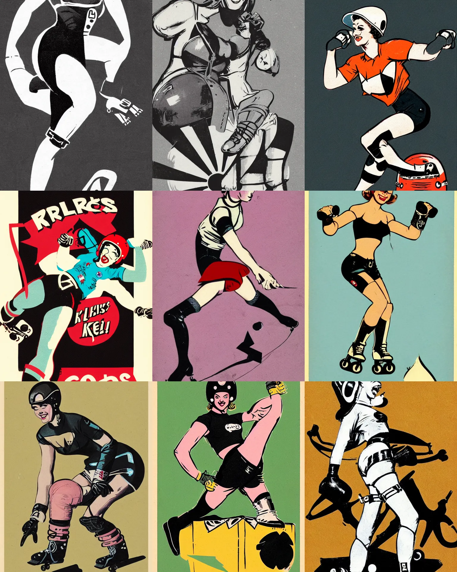 Image similar to 1950s logo of a roller derby girl doing Cross-Over, wearing skate helmet, knee pads, elbow pads, fishnet tights, showing off biceps, illustration by greg rutkowski and mcbess, 1950s