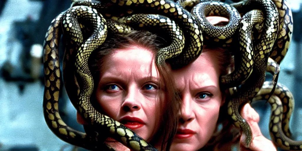 Prompt: medusa, with small snakes for hair, still from the movie the thing ( 1 9 8 1 )