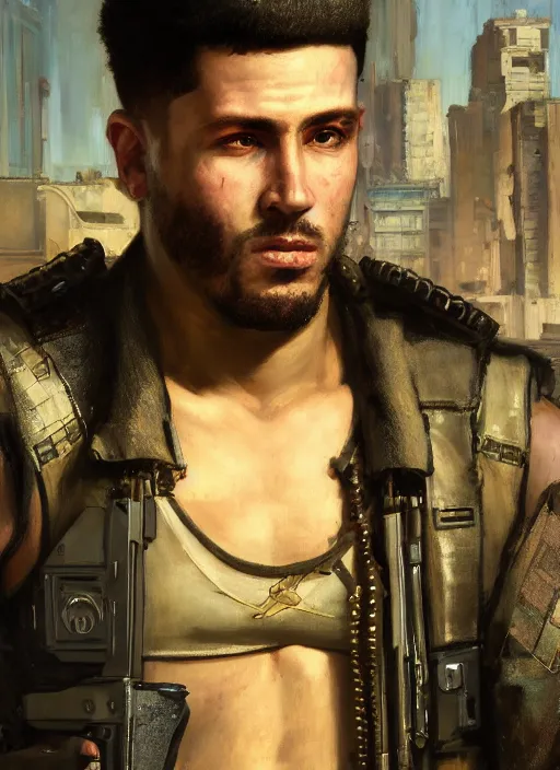 Image similar to big mike. cyberpunk mercenary with tattoos wearing a military vest and combat gear. (Cyberpunk 2077, bladerunner 2049). Iranian orientalist portrait by john william waterhouse and Edwin Longsden Long and Theodore Ralli and Nasreddine Dinet, oil on canvas. Cinematic, hyper realism, realistic proportions, dramatic lighting, high detail 4k