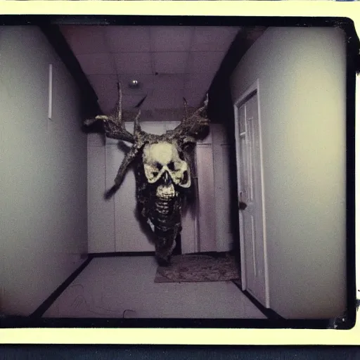 Image similar to a terrifying monster at the end of a hallway, dark!, creepy, deer skull, nightmare fuel!!!, unsettling, uncanny valley!, old polaroid, expired film,