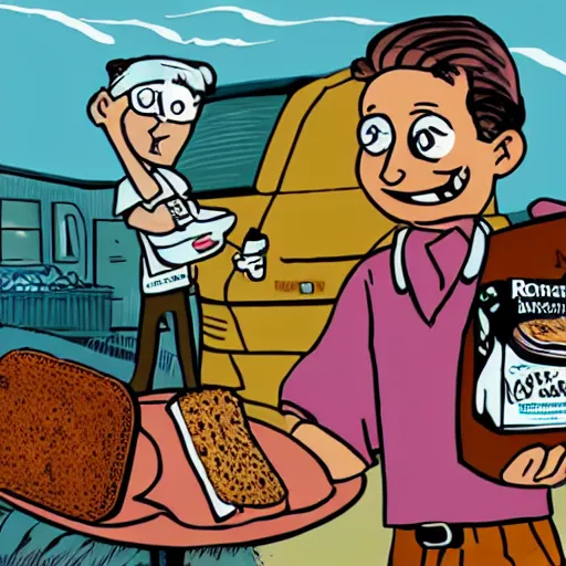Image similar to a dad coming back home with a carton of milk, pumpernickel bread, and rotisserie glazed chicken, in the style of alison bechdel