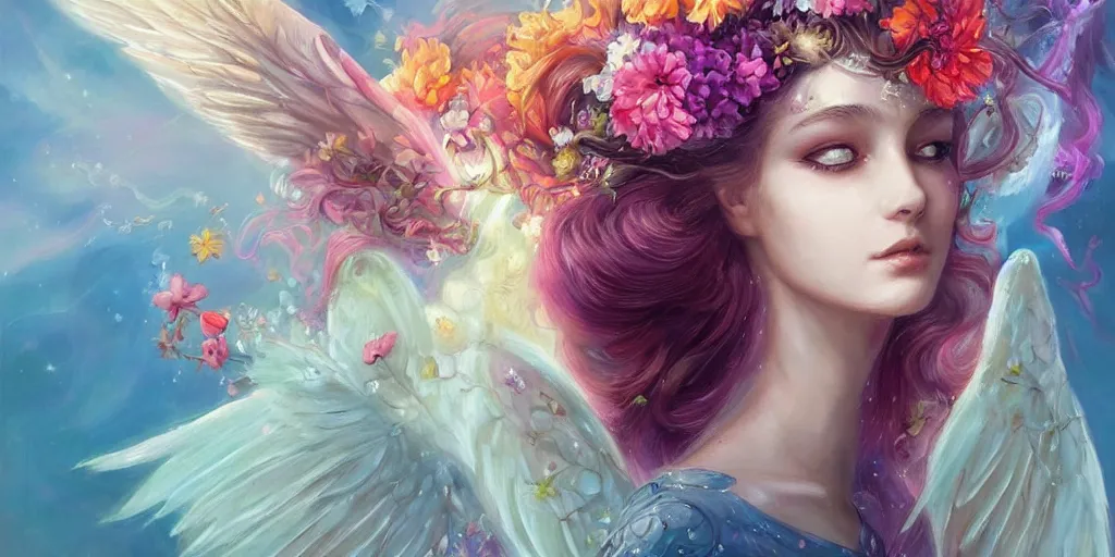 Prompt: a colorful and provenance portrait painting of a angel with her hugeflowers wings spread out gracefully ， detailed, highly detailed, hair made of hair made of air wind and curling smoke, mist, dust, genie, flowers, flower, stars, spirit fantasy concept art ， art by charlie bowater and aenami, trending on artstation.