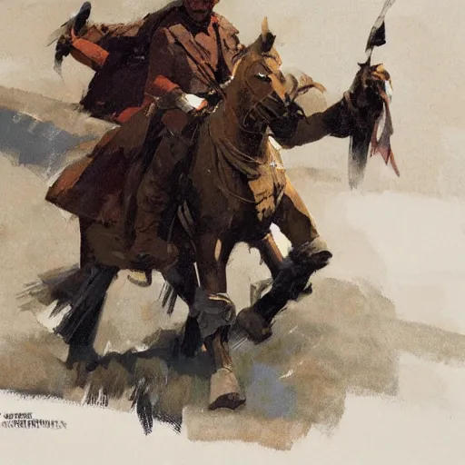 Image similar to portrait of rider wearing gambeson holding bow, detailed by greg manchess, craig mullins, bernie fuchs, walter everett, low angle