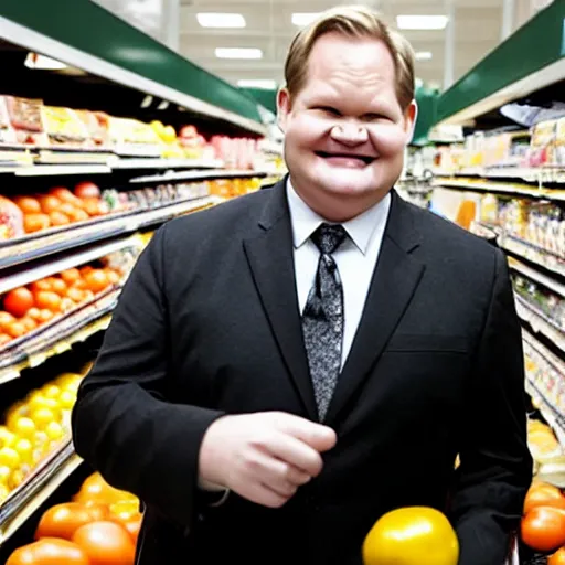 Prompt: Andy Richter wearing a black suit and necktie squeezing tomatoes in the produce section of a supermarket