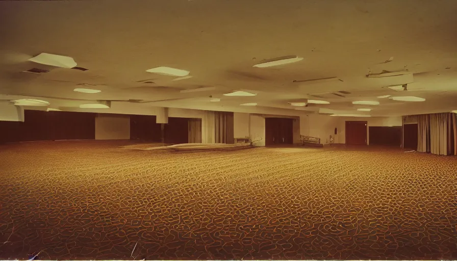 Prompt: 60s movie still of empty municipal ballroom with beds, cinestill 800t 50mm eastmancolor, liminal Space style, heavy grain-s 150